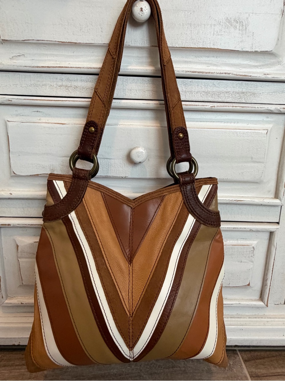 Lucky Brand Brown, Tan & White Chevron Leather Shoulder Bag